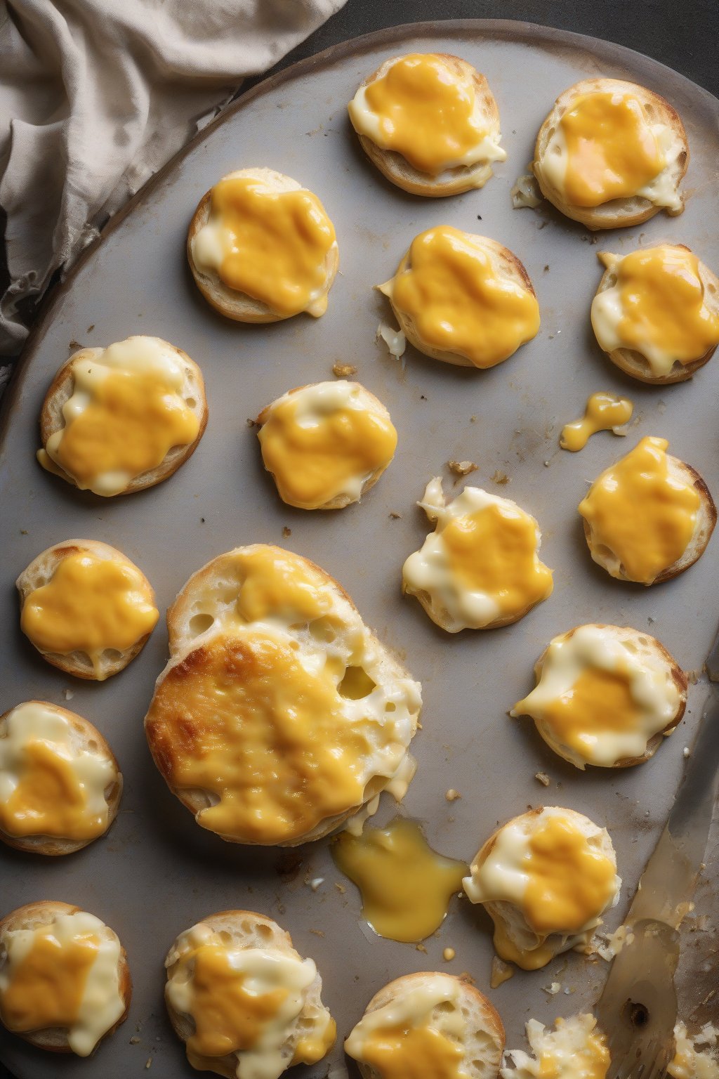 A high-resolution photo of a golden toasted English muffin oozing melted cheddar with garlic butter under soft lighting.