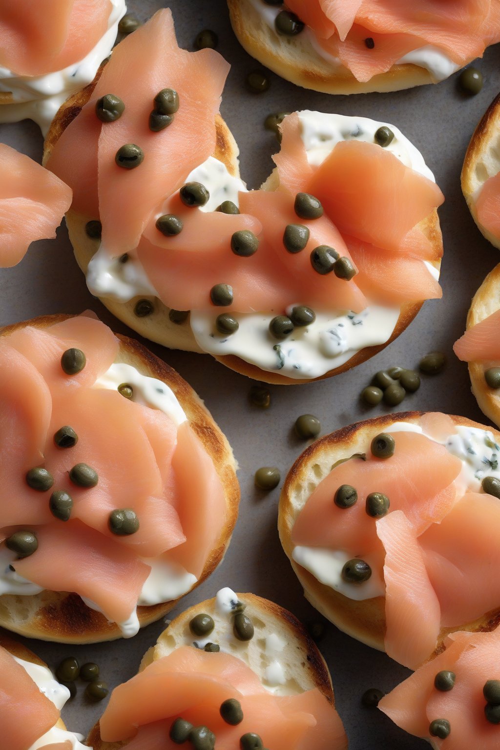 A high-resolution photo of a toasted English muffin topped with cream cheese, rosy smoked salmon, and capers under soft lighting.