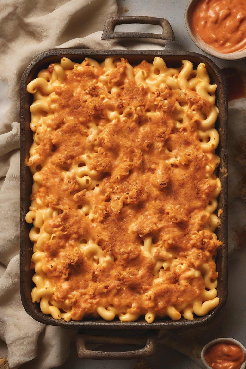 A high-resolution photo of buffalo chicken mac and cheese with red sauce swirls under soft lighting.