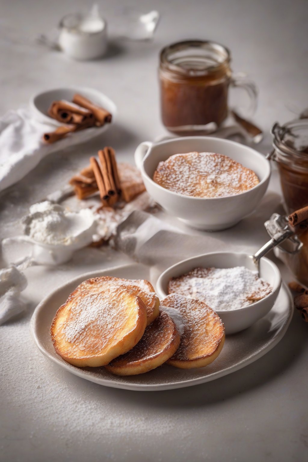 A high-resolution photo of cinnamon-dusted toasted English muffin French toast with powdered sugar under soft lighting.
