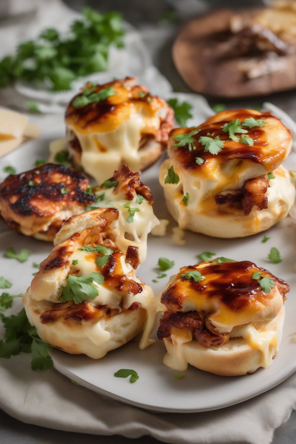 A high-resolution photo of a toasted English muffin piled with BBQ chicken, melted cheese, and cilantro under soft lighting.