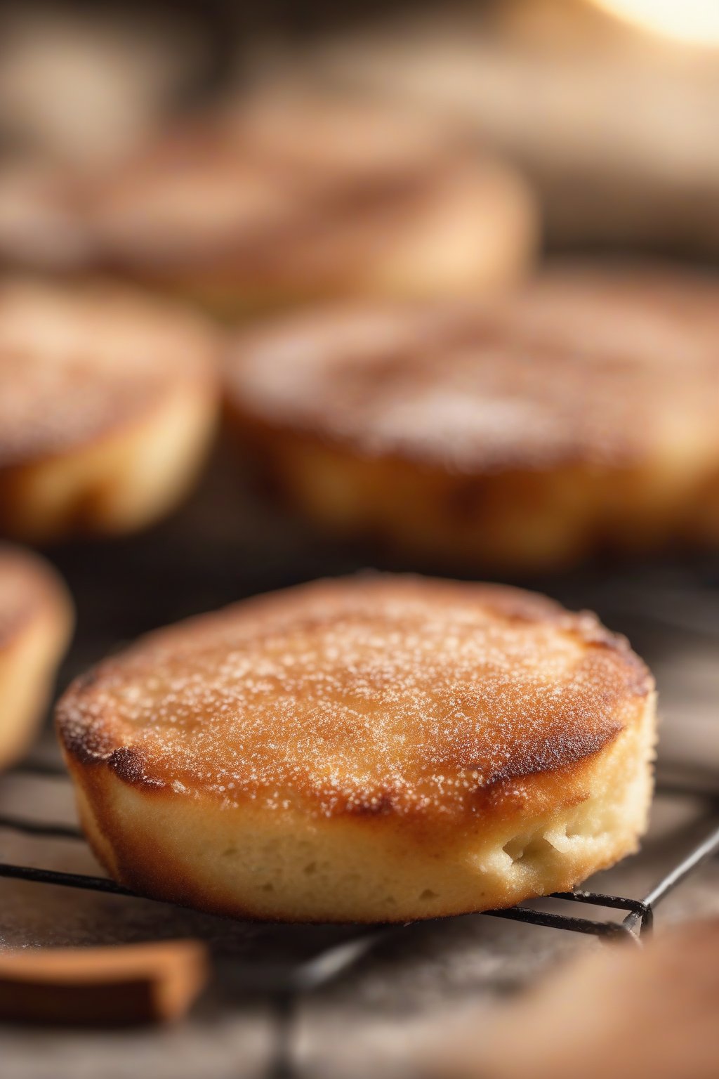 A high-resolution photo of a toasted English muffin coated in cinnamon sugar with buttery shine under soft lighting.
