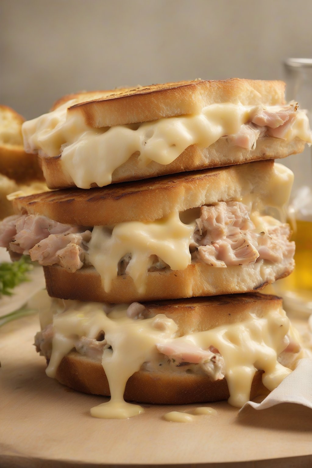 A high-resolution photo of a toasted English muffin tuna melt with bubbly cheese and golden edges under soft lighting.