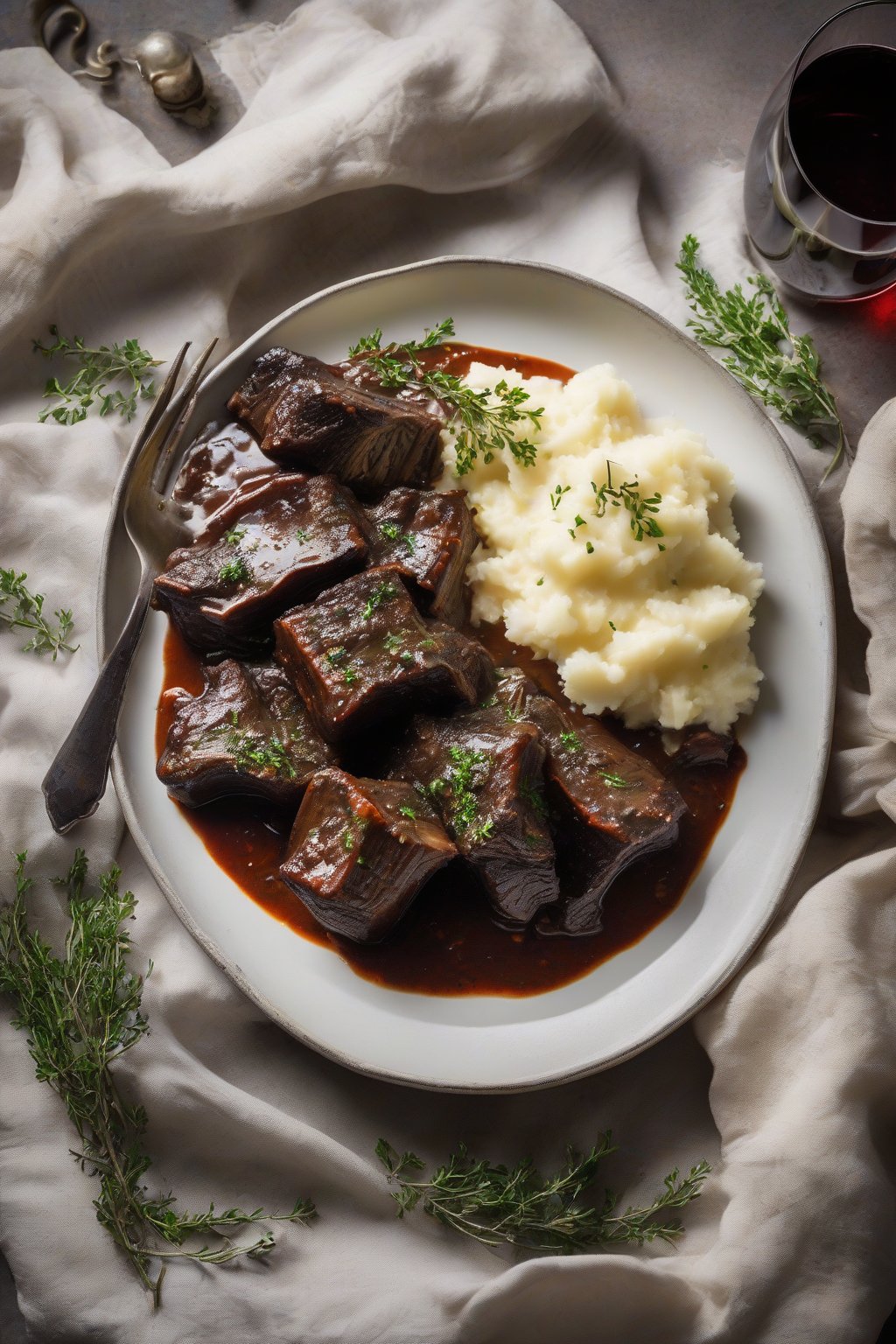A high-resolution photo of classic red wine braised short ribs, glistening with sauce and garnished with thyme, served over creamy mashed potatoes under soft lighting.