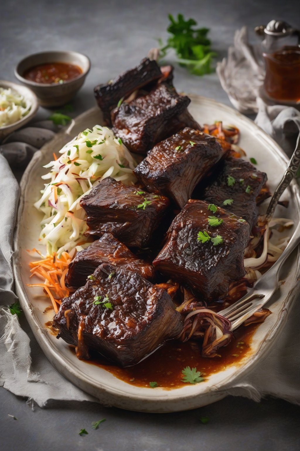 A high-resolution photo of smoky BBQ short ribs, saucy and fall-apart tender on a platter with coleslaw, under soft lighting.