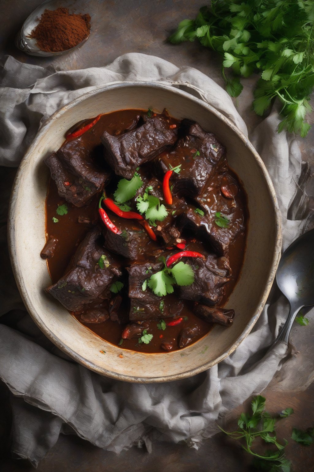 A high-resolution photo of Mexican chili chocolate short ribs, stewed with peppers and garnished with cilantro, in a rustic bowl under soft lighting.