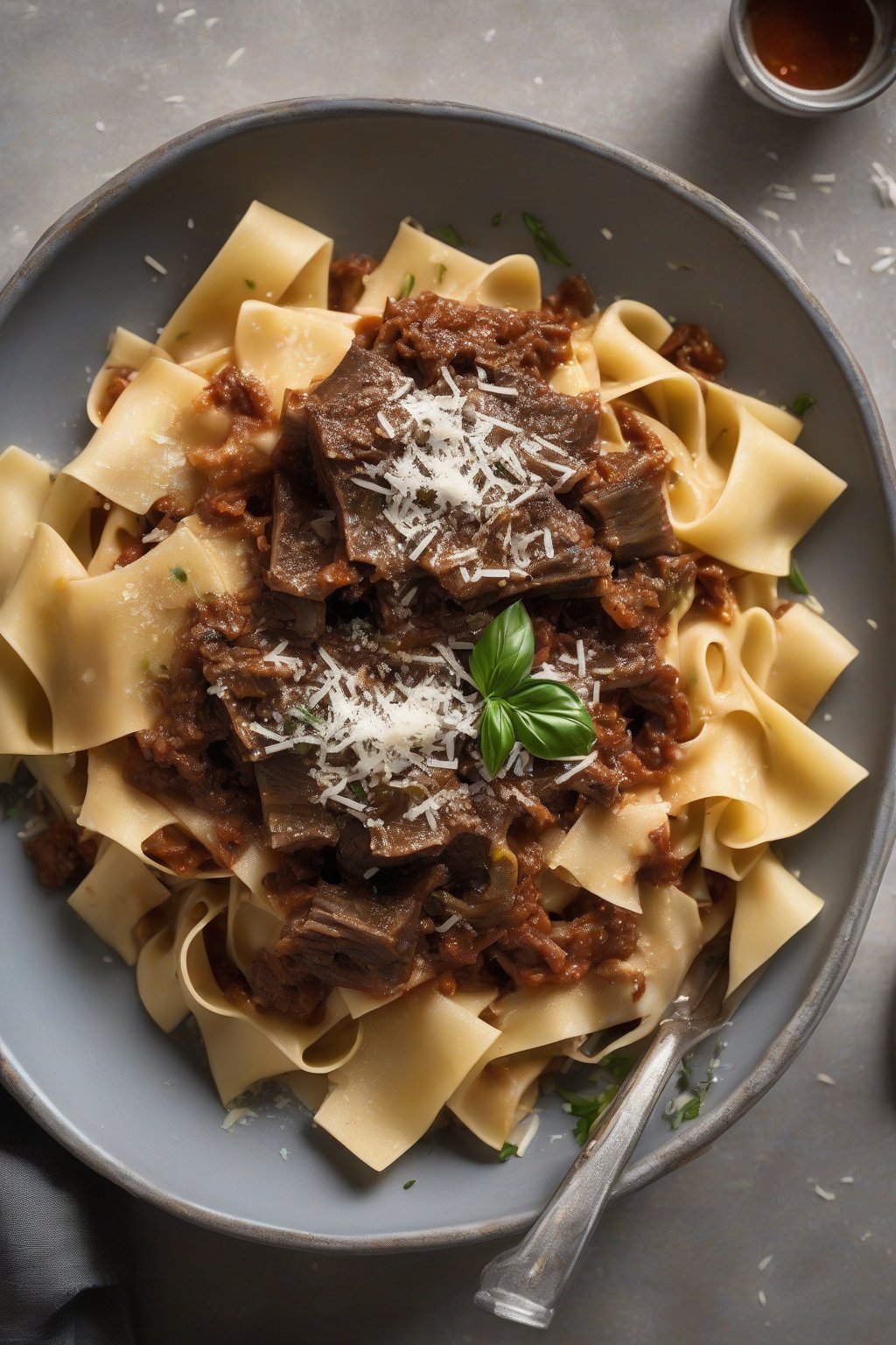 A high-resolution photo of Italian short rib ragu tossed with pappardelle pasta, topped with Parmesan, under soft lighting.