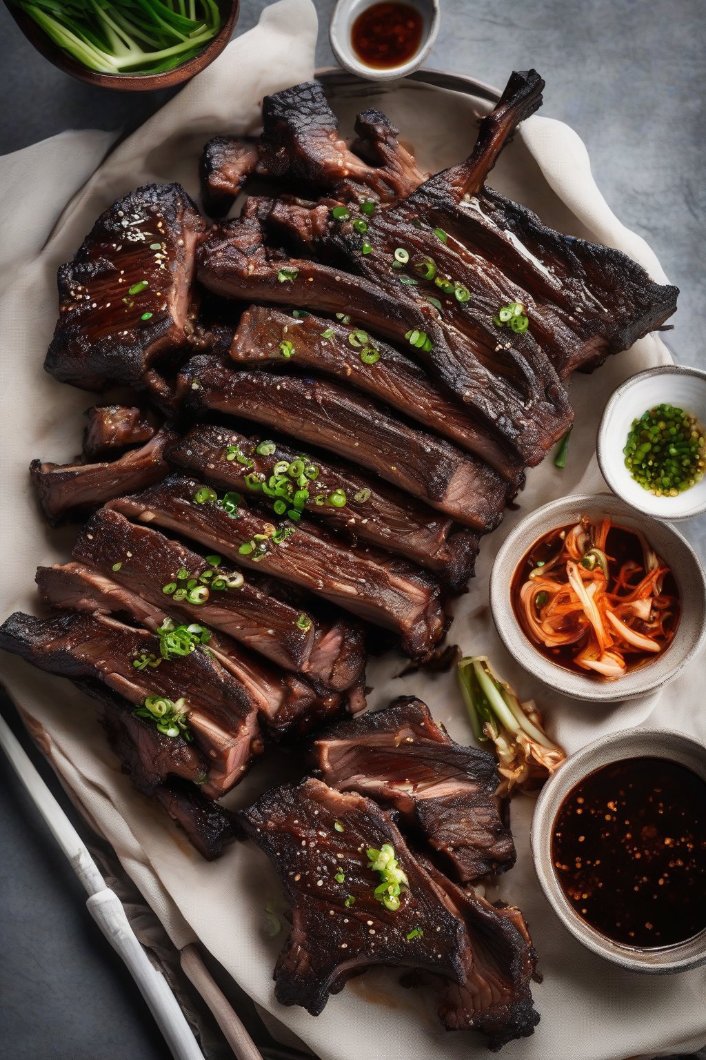 A high-resolution photo of Korean kalbi-style short ribs, charred edges and glossy marinade, sliced with kimchi under soft lighting.