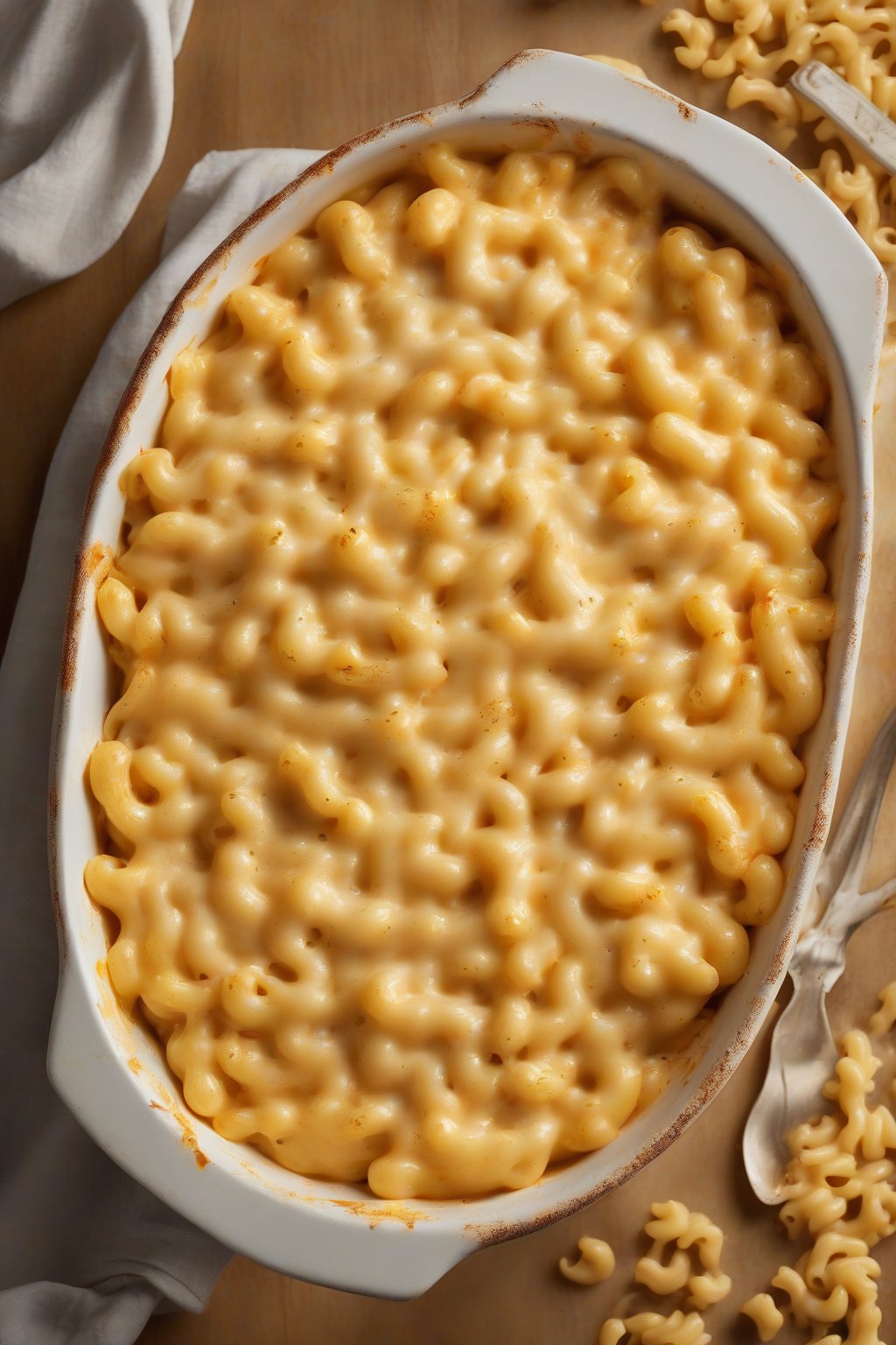A high-resolution photo of four-cheese mac and cheese bubbling with golden edges under soft lighting.