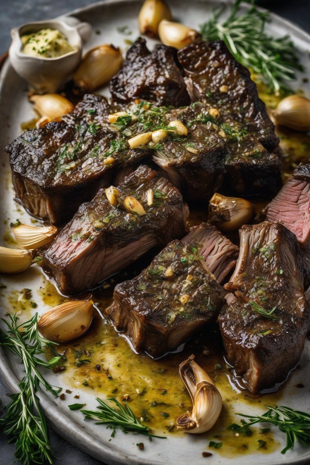 A high-resolution photo of garlic herb butter short ribs, basted and surrounded by roasted garlic cloves, under soft lighting.