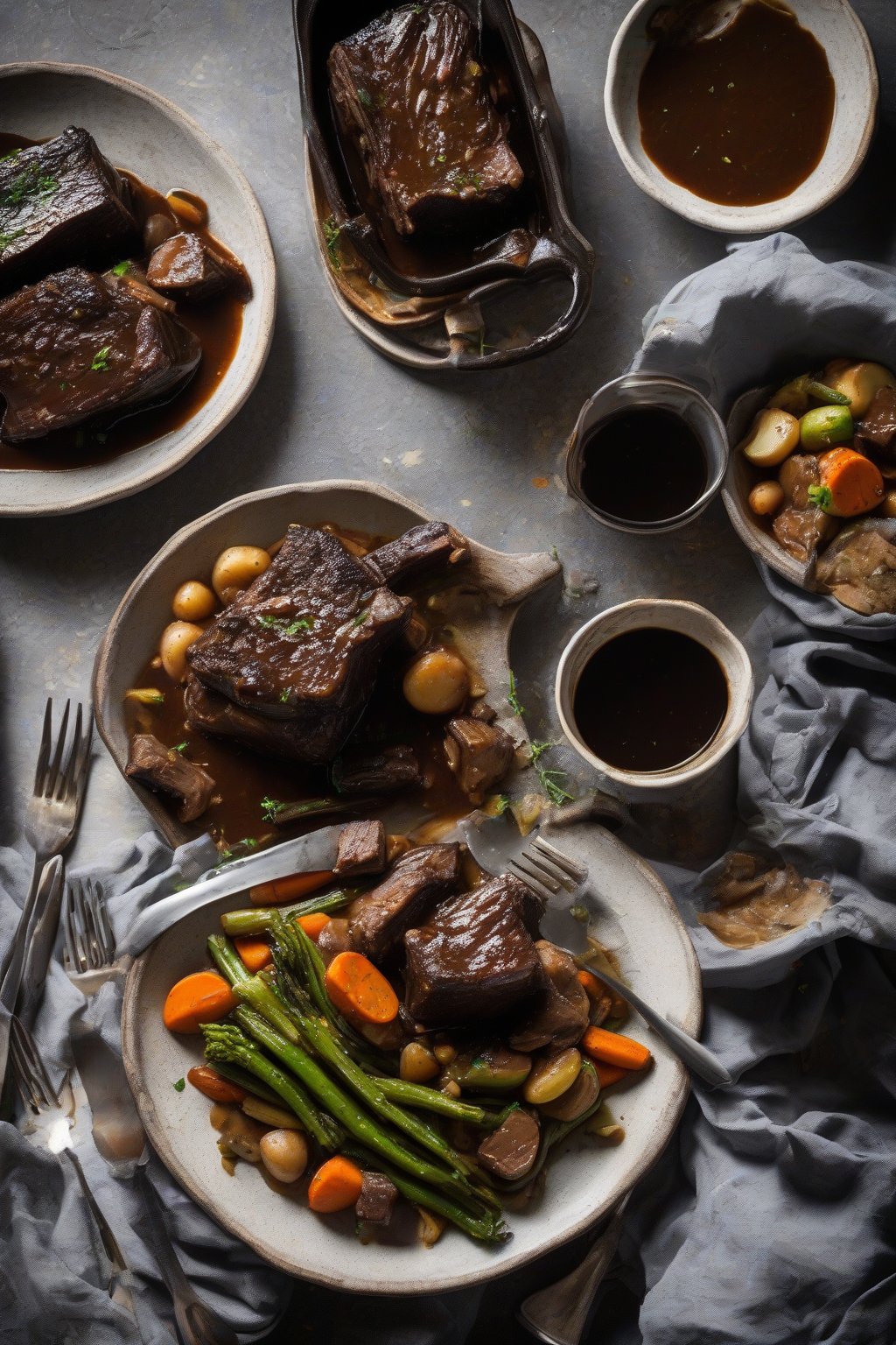 A high-resolution photo of stout beer braised short ribs, fork-tender with chunky veggies in dark gravy, under soft lighting.