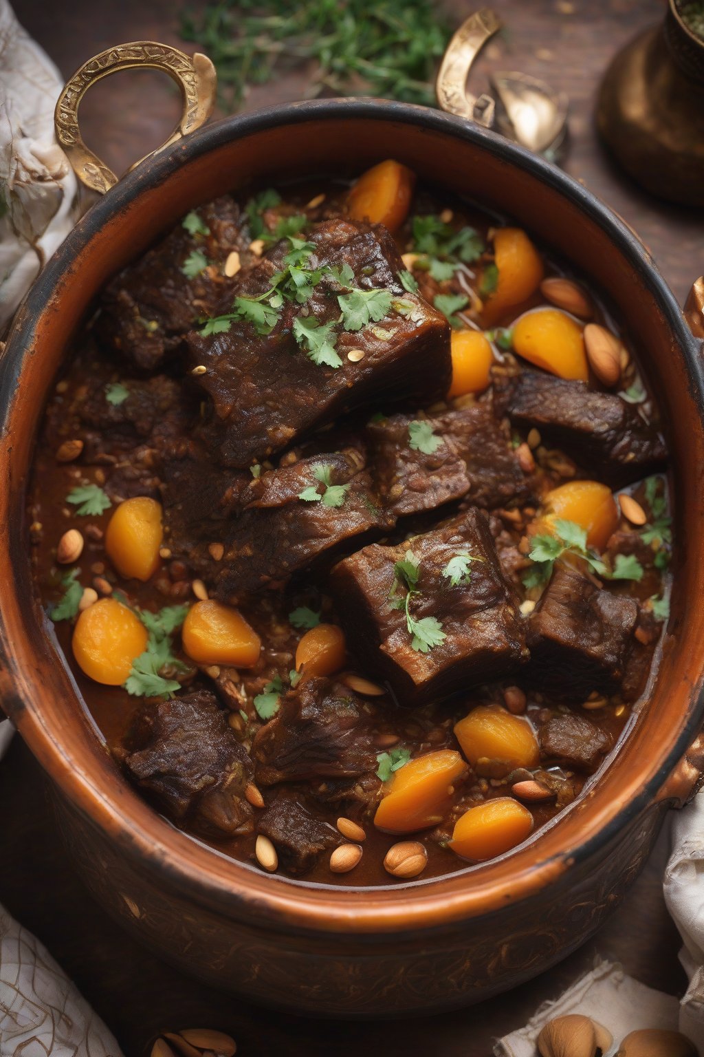 A high-resolution photo of Moroccan spiced short rib tagine, studded with apricots and almonds, in a conical pot under soft lighting.