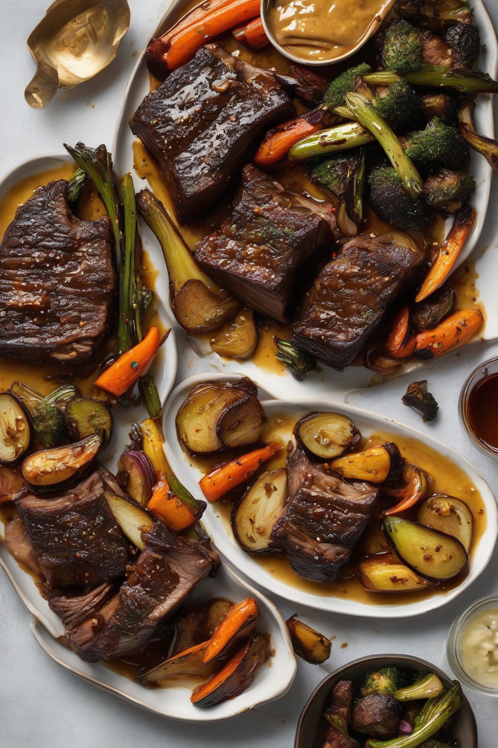A high-resolution photo of honey mustard short ribs, sticky-glazed and sliced, with roasted veggies under soft lighting.