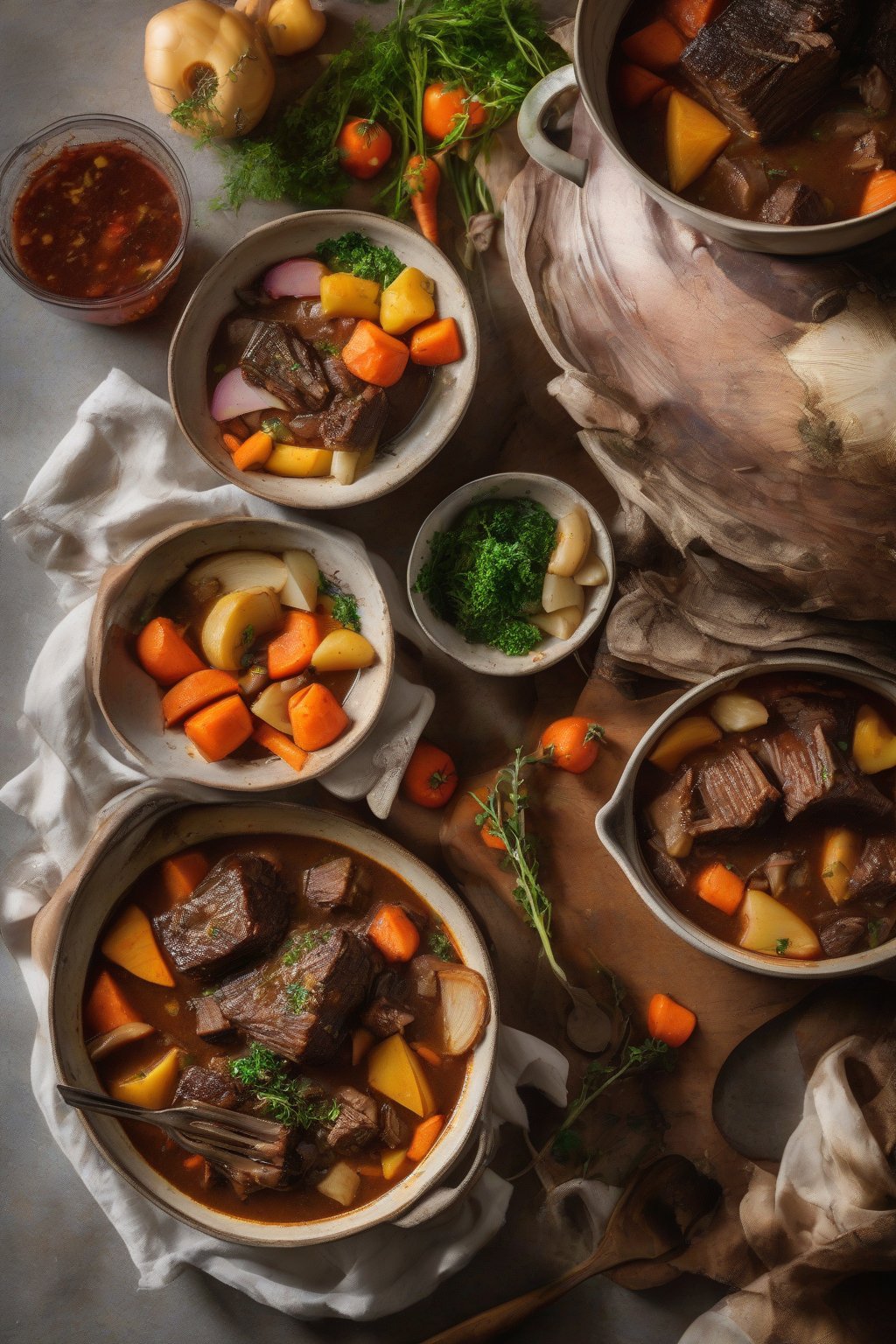 A high-resolution photo of root vegetable short rib stew, steaming with chunks of meat and colorful veggies, under soft lighting.