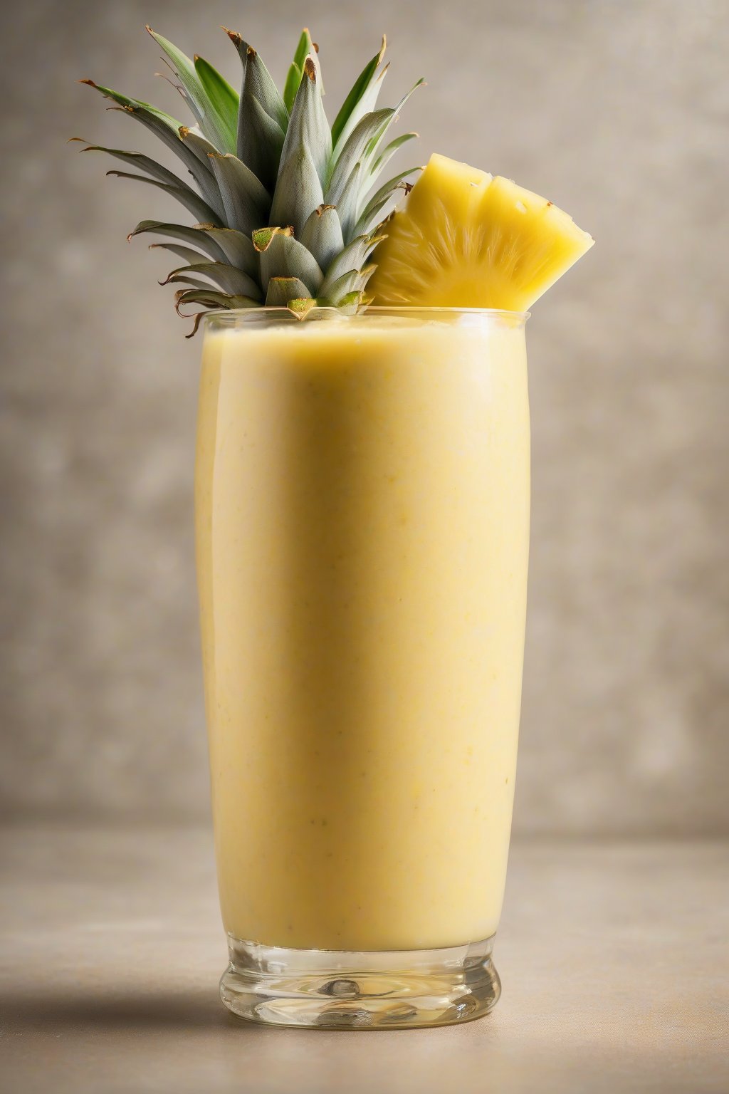 A high-resolution photo of a vibrant yellow Pineapple Paradise Banana Smoothie topped with a pineapple slice, garnished in a tall glass under soft lighting.