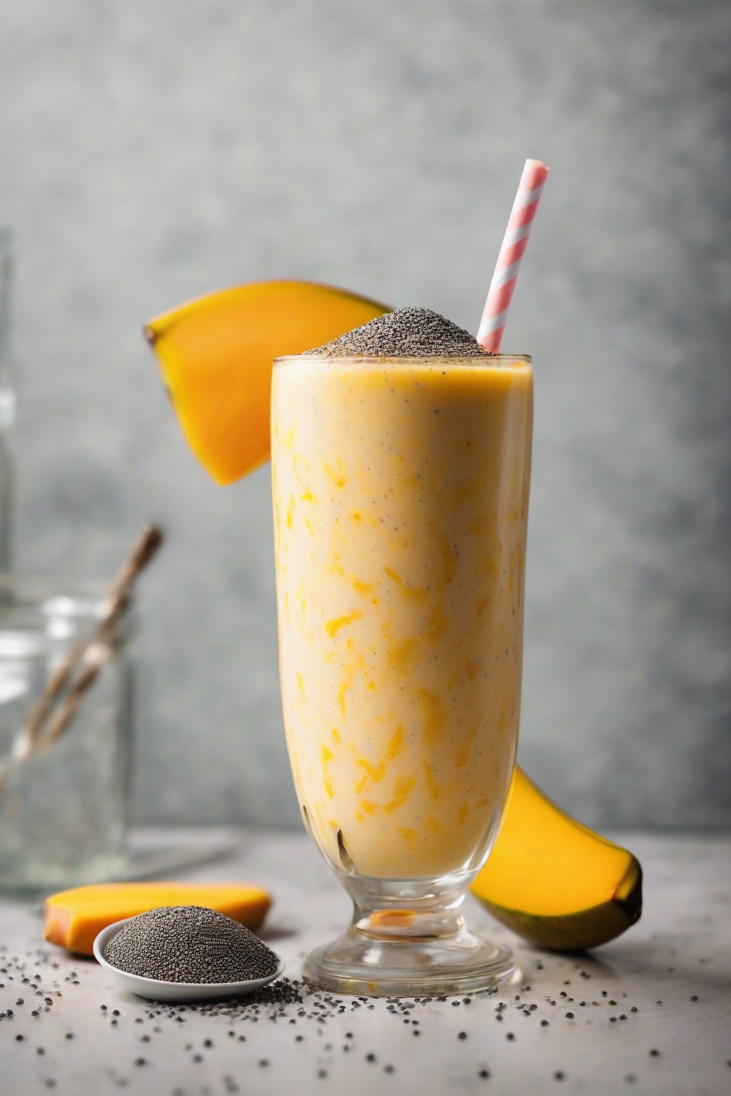 A high-resolution photo of a creamy orange Mango Tango Banana Smoothie with chia seeds sprinkled on top, in a frosted glass under soft lighting.