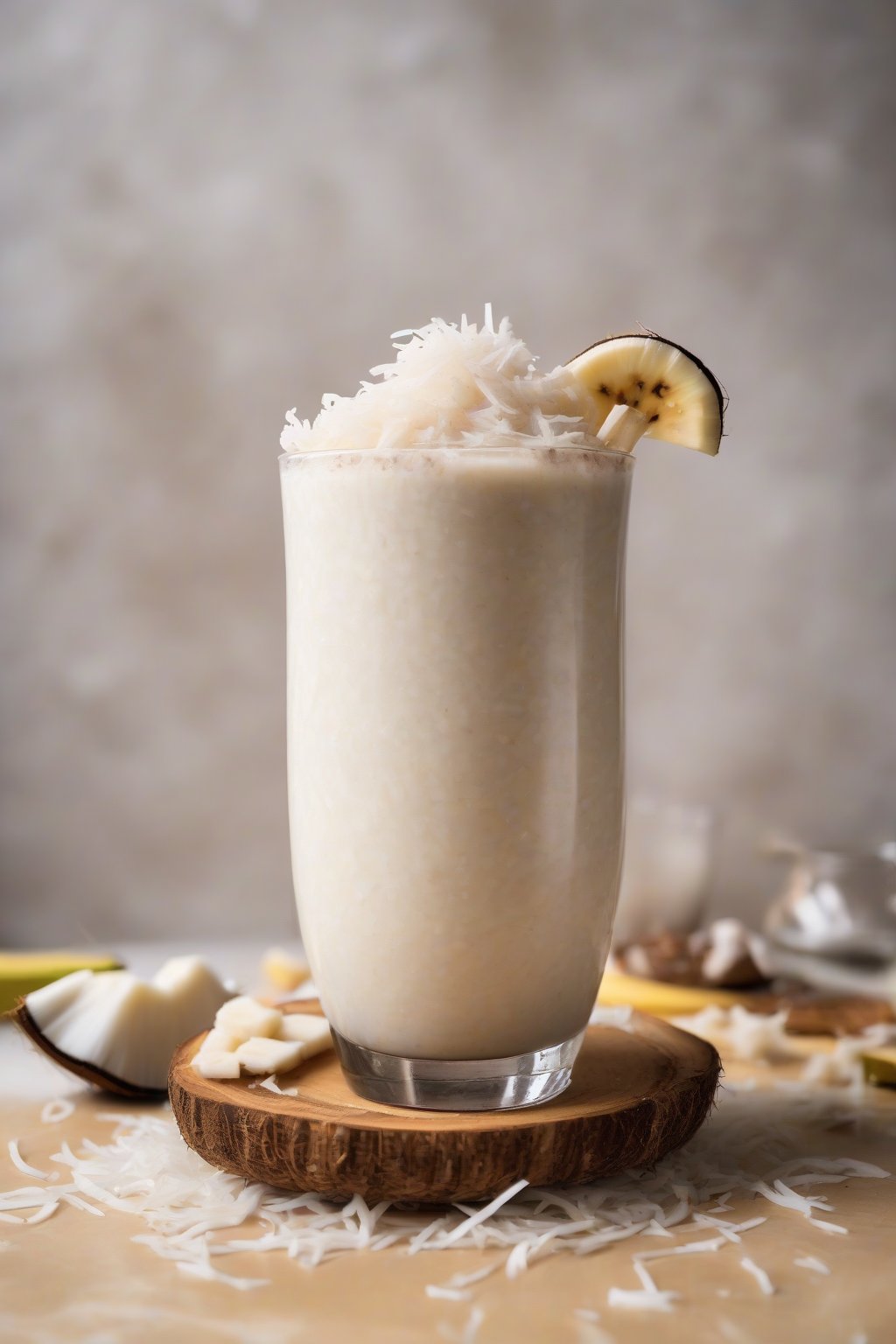 A high-resolution photo of a white Coconut Bliss Banana Smoothie swirled with shredded coconut, served in a coconut shell under soft lighting.