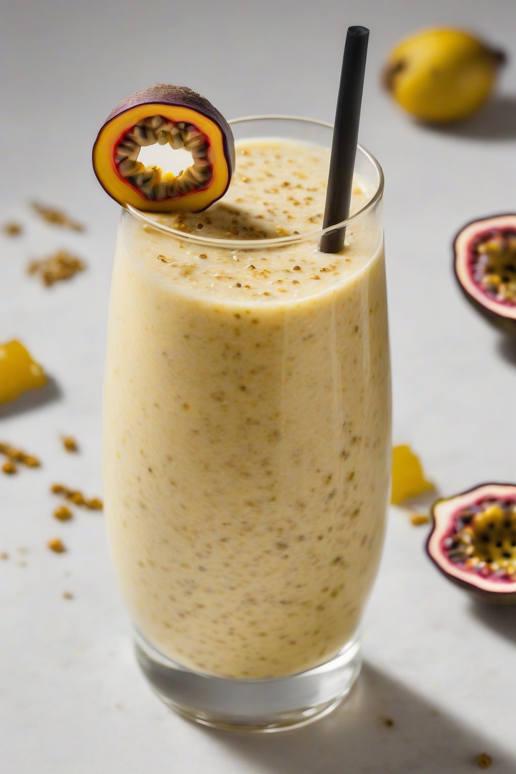 A high-resolution photo of a seeded Passionfruit Punch Banana Smoothie with yellow pulp flecks, in a clear glass under soft lighting.