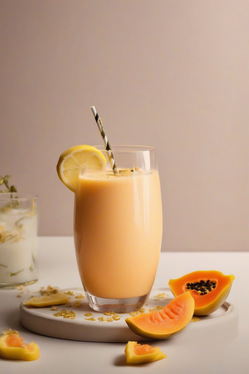 A high-resolution photo of a pale orange Papaya Glow Banana Smoothie with lemon zest garnish, in a stylish tumbler under soft lighting.