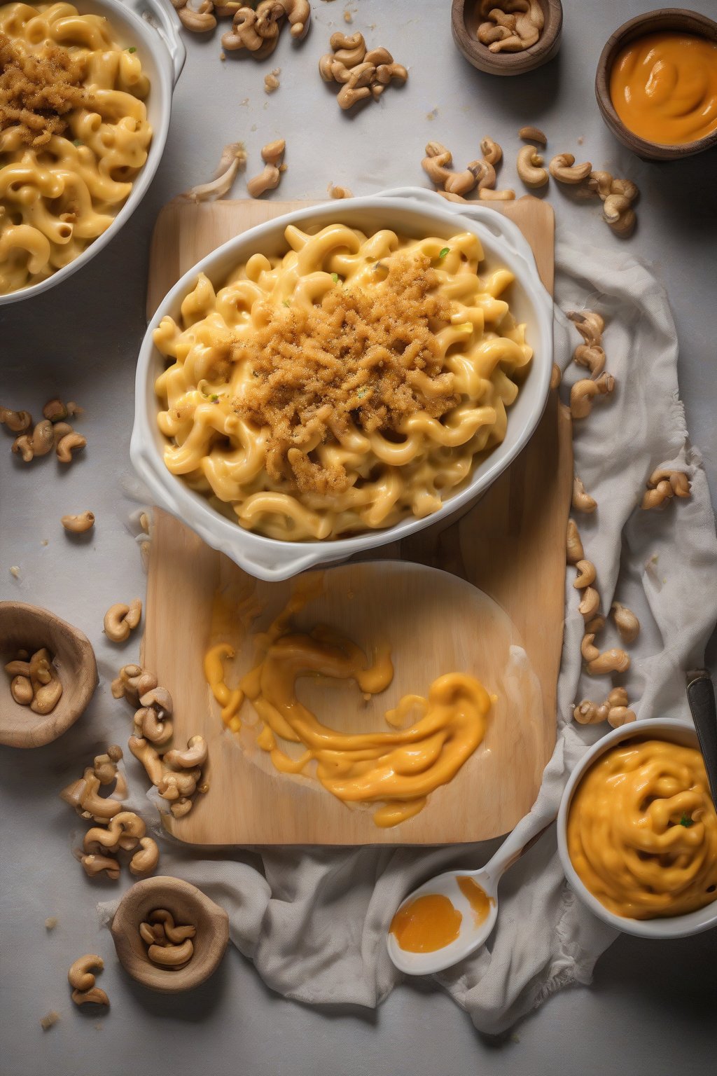 A high-resolution photo of vegan cashew mac and cheese with a smooth orange sauce under soft lighting.