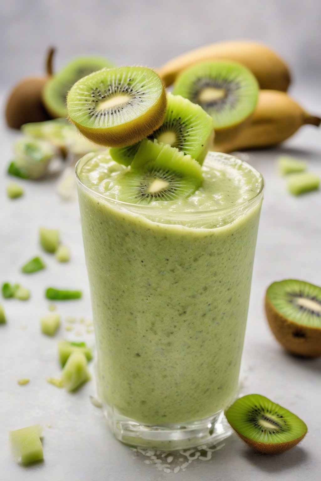 A high-resolution photo of a green-flecked Kiwi Crush Banana Smoothie with kiwi slices on the rim, under soft lighting.