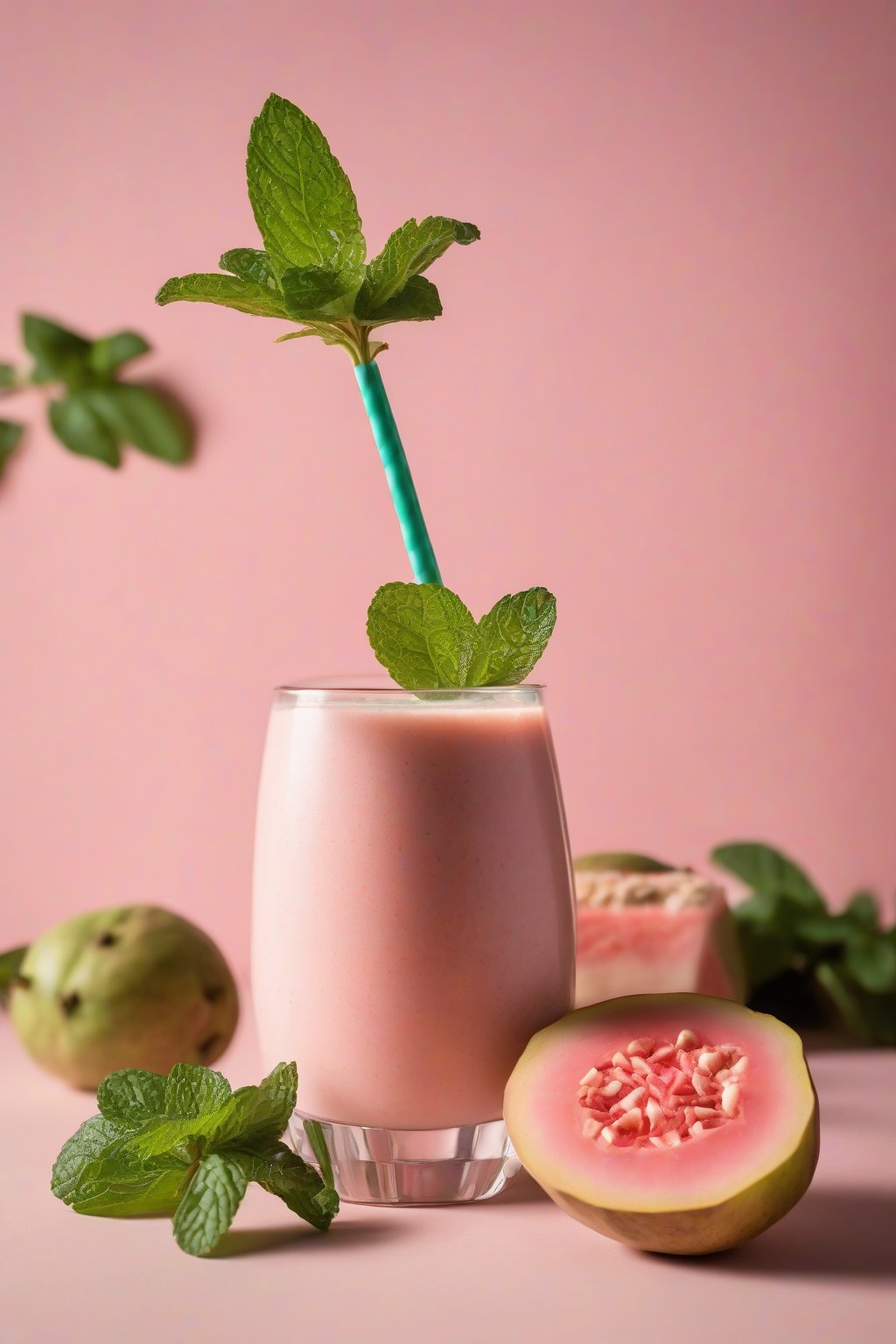 A high-resolution photo of a pink Guava Dream Banana Smoothie with mint sprig, in an elegant glass under soft lighting.