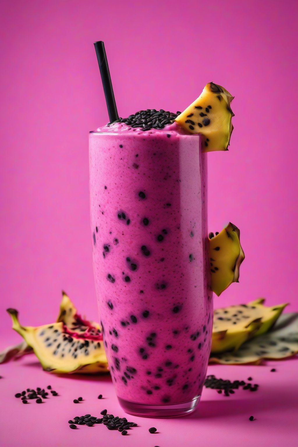 A high-resolution photo of a magenta Dragon Fruit Daze Banana Smoothie with black seeds, topped with dragon fruit wedge under soft lighting.