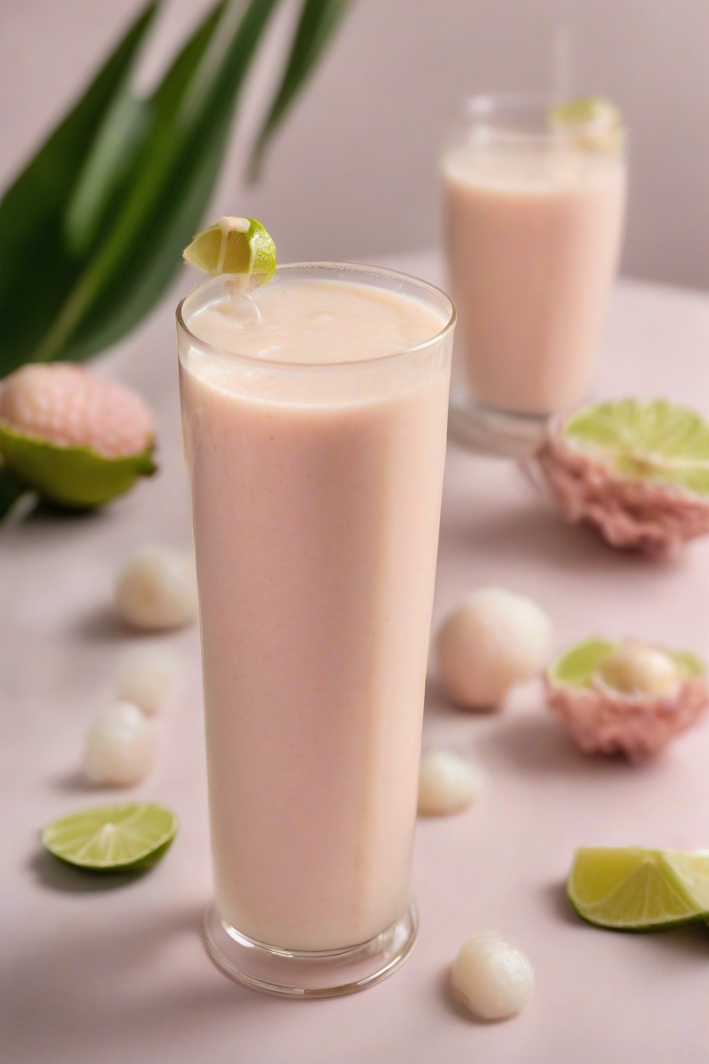 A high-resolution photo of a pale pink Lychee Lagoon Banana Smoothie with lime zest, effervescent in a flute glass under soft lighting.