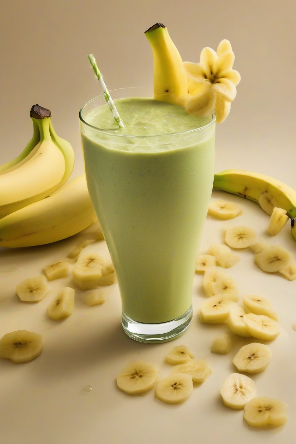 A high-resolution photo of a yellow-green Starfruit Spark Banana Smoothie with starfruit slices floating, under soft lighting.