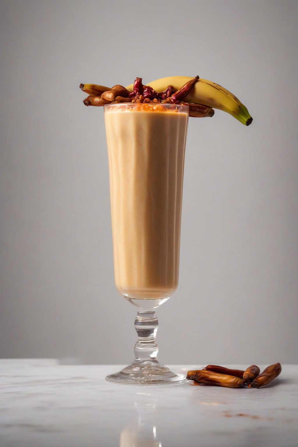 A high-resolution photo of a caramel-hued Tamarind Twist Banana Smoothie with chili rim, in a short glass under soft lighting.