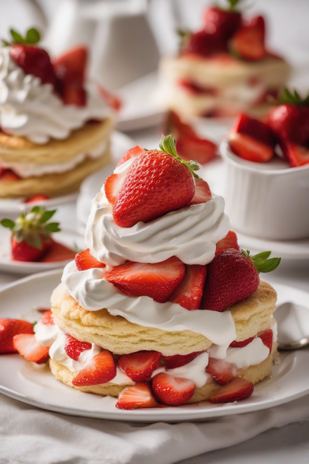 A high-resolution close-up photo of a classic strawberry shortcake layered with macerated strawberries and whipped cream on a white plate, under soft lighting.