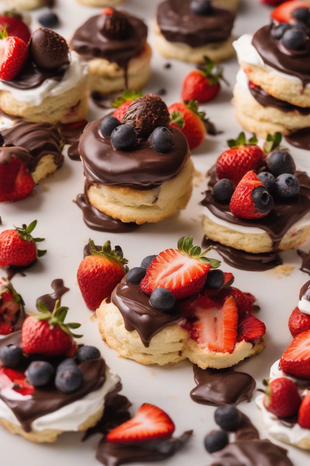 A high-resolution close-up photo of chocolate-dipped strawberry shortcake biscuits stacked with rum-infused berries, under soft lighting.