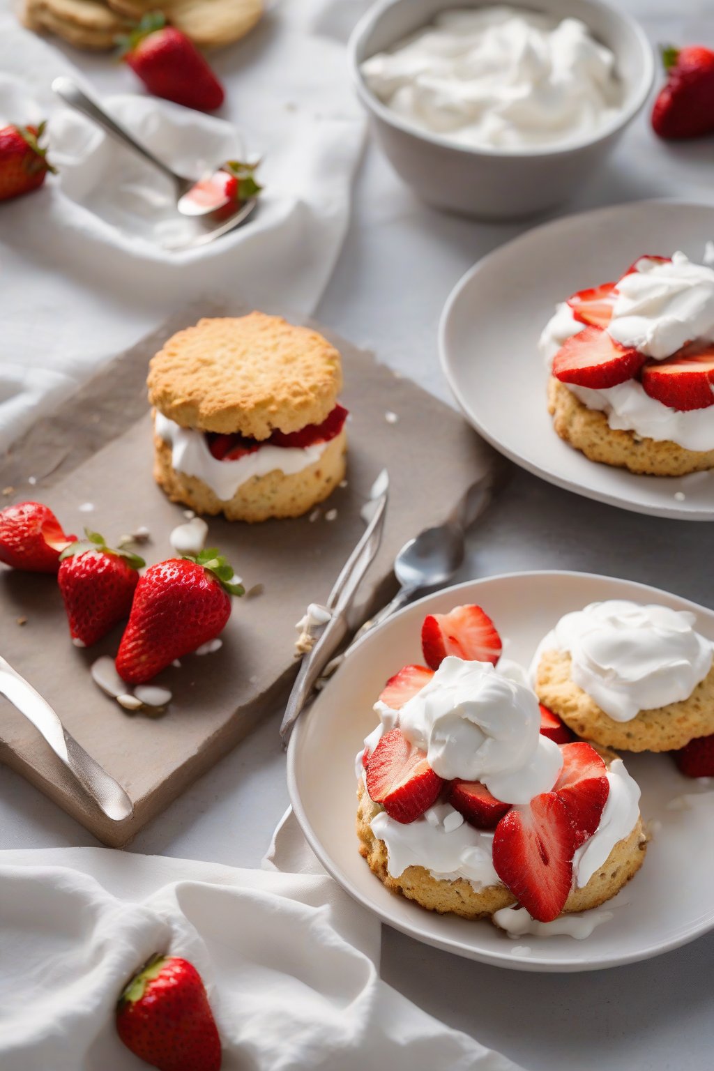 A high-resolution close-up photo of gluten-free strawberry shortcake with almond biscuits and coconut cream, under soft lighting.