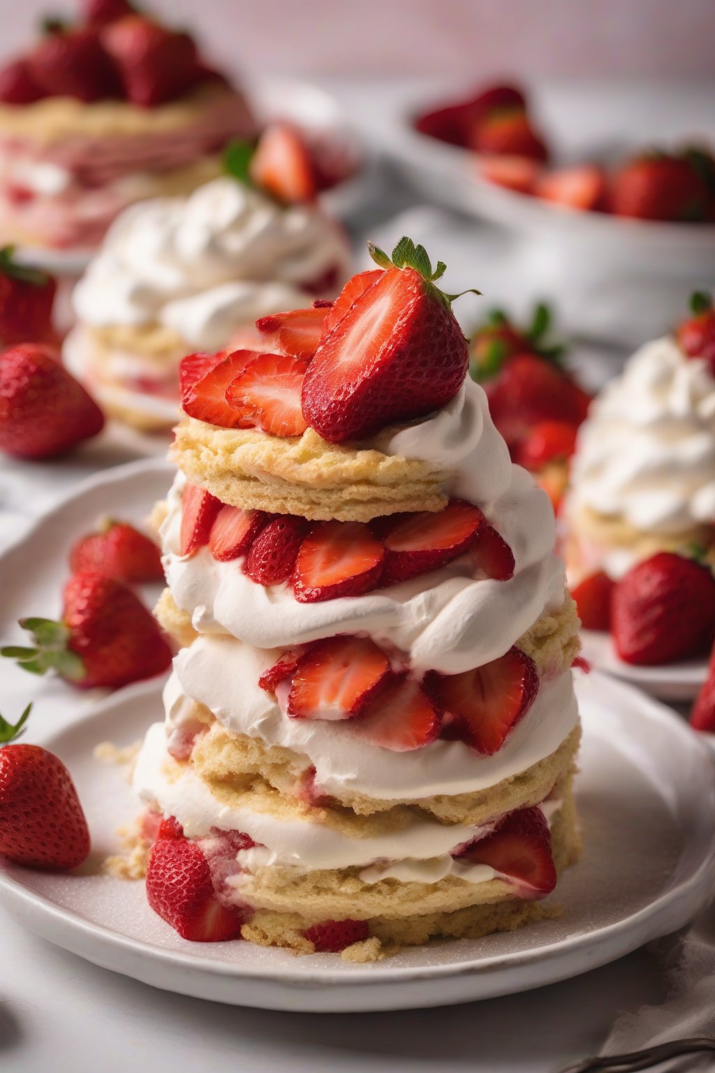 A high-resolution close-up photo of vegan strawberry shortcake layers with fluffy aquafaba cream, under soft lighting.