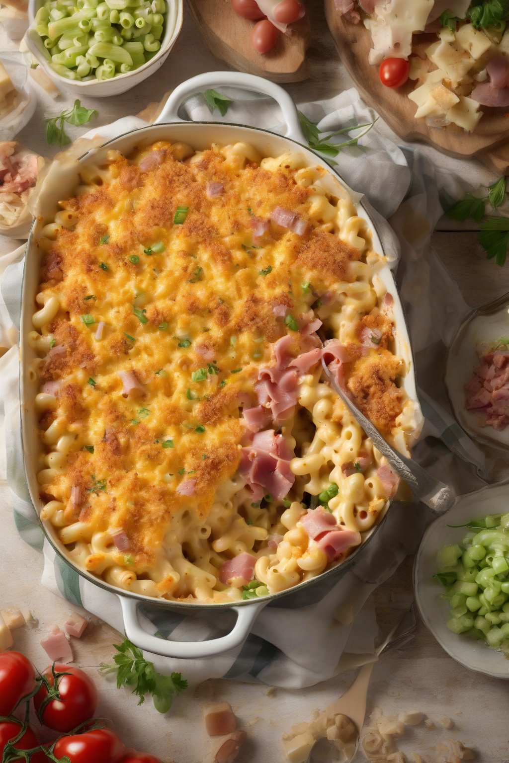 A high-resolution photo of loaded baked mac and cheese with veggies and ham under soft lighting.