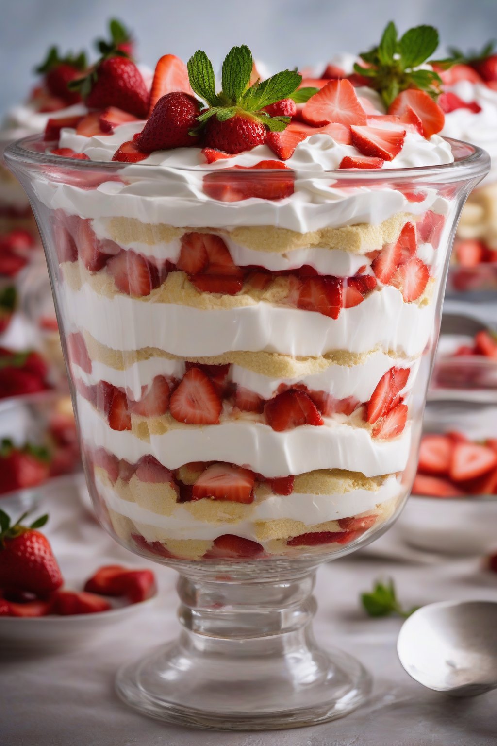 A high-resolution close-up photo of a strawberry shortcake trifle in a glass bowl with visible layers, under soft lighting.