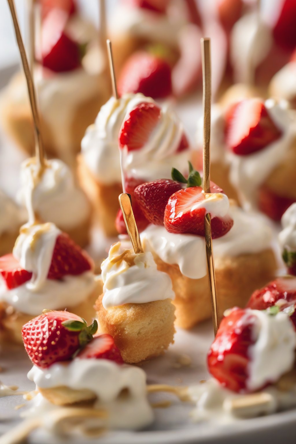 A high-resolution close-up photo of mini strawberry shortcake bites on skewers, drizzled with cream, under soft lighting.