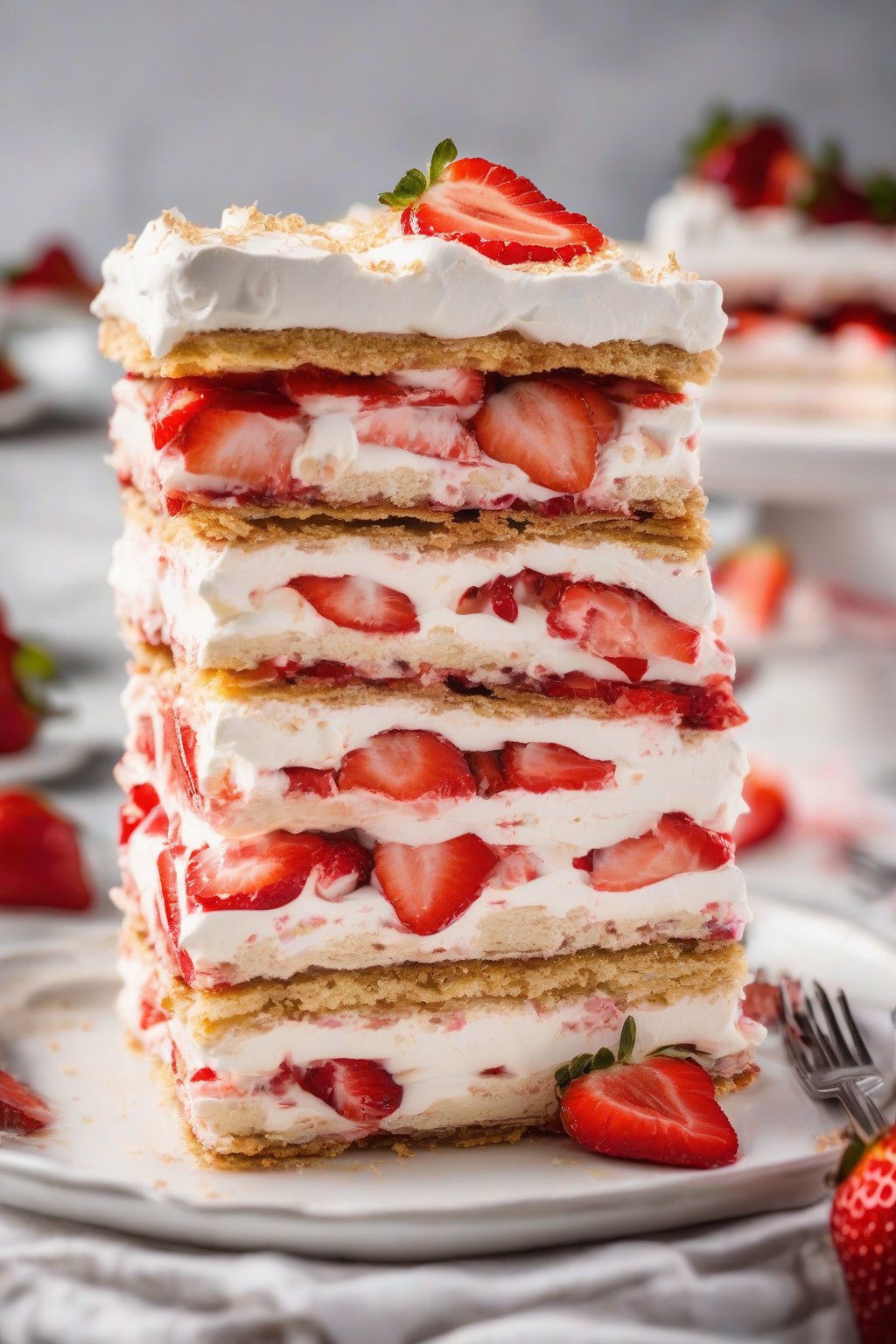 A high-resolution close-up photo of sliced strawberry shortcake icebox cake revealing graham layers, under soft lighting.