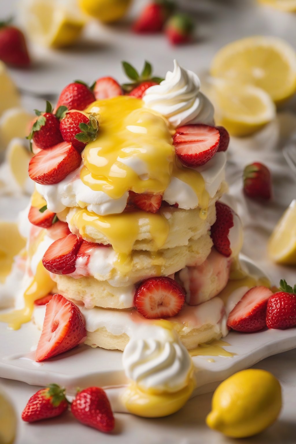 A high-resolution close-up photo of lemon strawberry shortcake with yellow curd drips, under soft lighting.