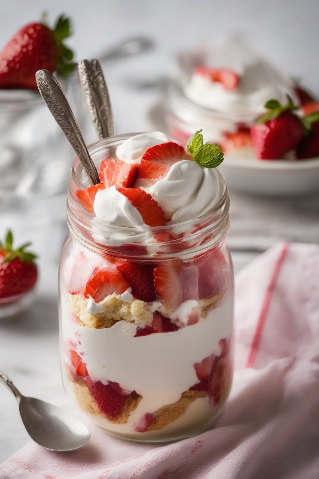A high-resolution close-up photo of strawberry shortcake parfait in a mason jar with spoon, under soft lighting.