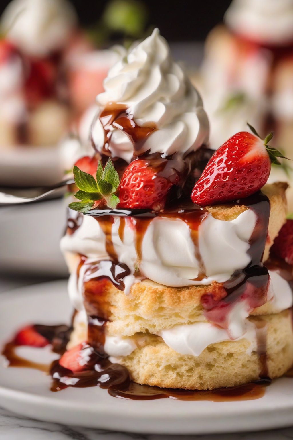 A high-resolution close-up photo of boozy strawberry shortcake with balsamic glaze shine, under soft lighting.