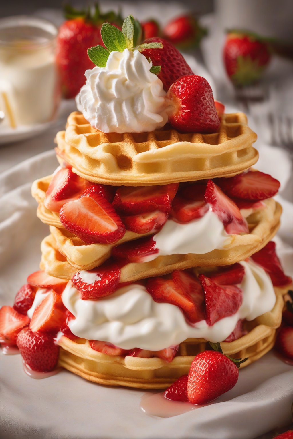 A high-resolution close-up photo of strawberry shortcake on golden waffles with overflowing cream, under soft lighting.