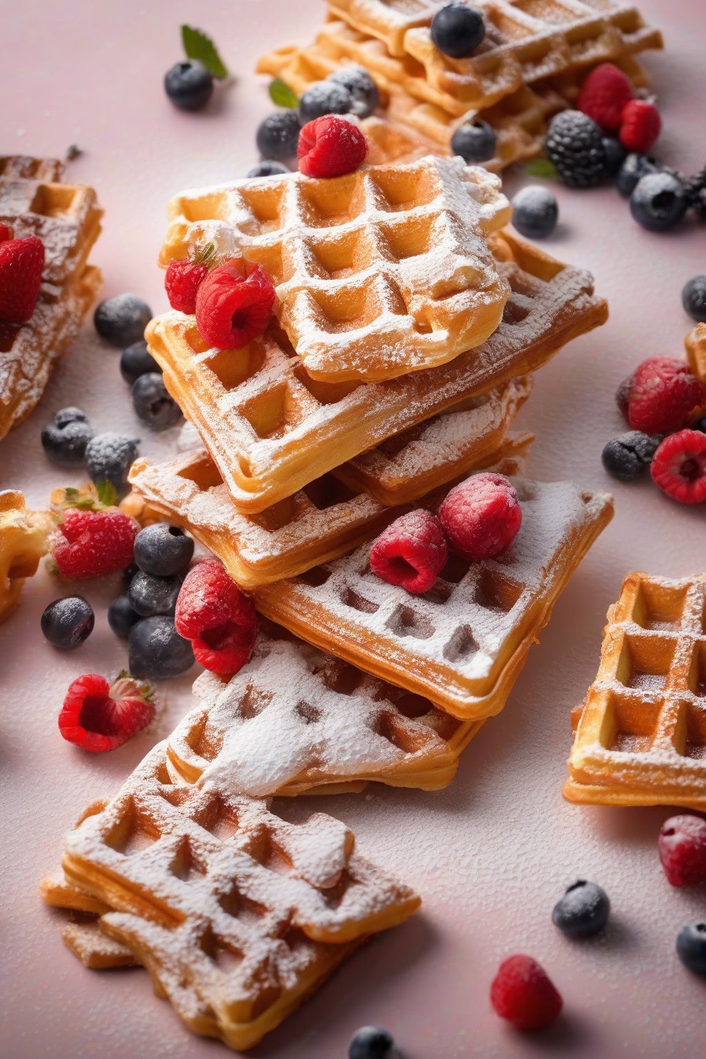 A high-resolution photo of golden, thick classic Belgian waffles stacked high with powdered sugar and fresh berries under soft lighting.