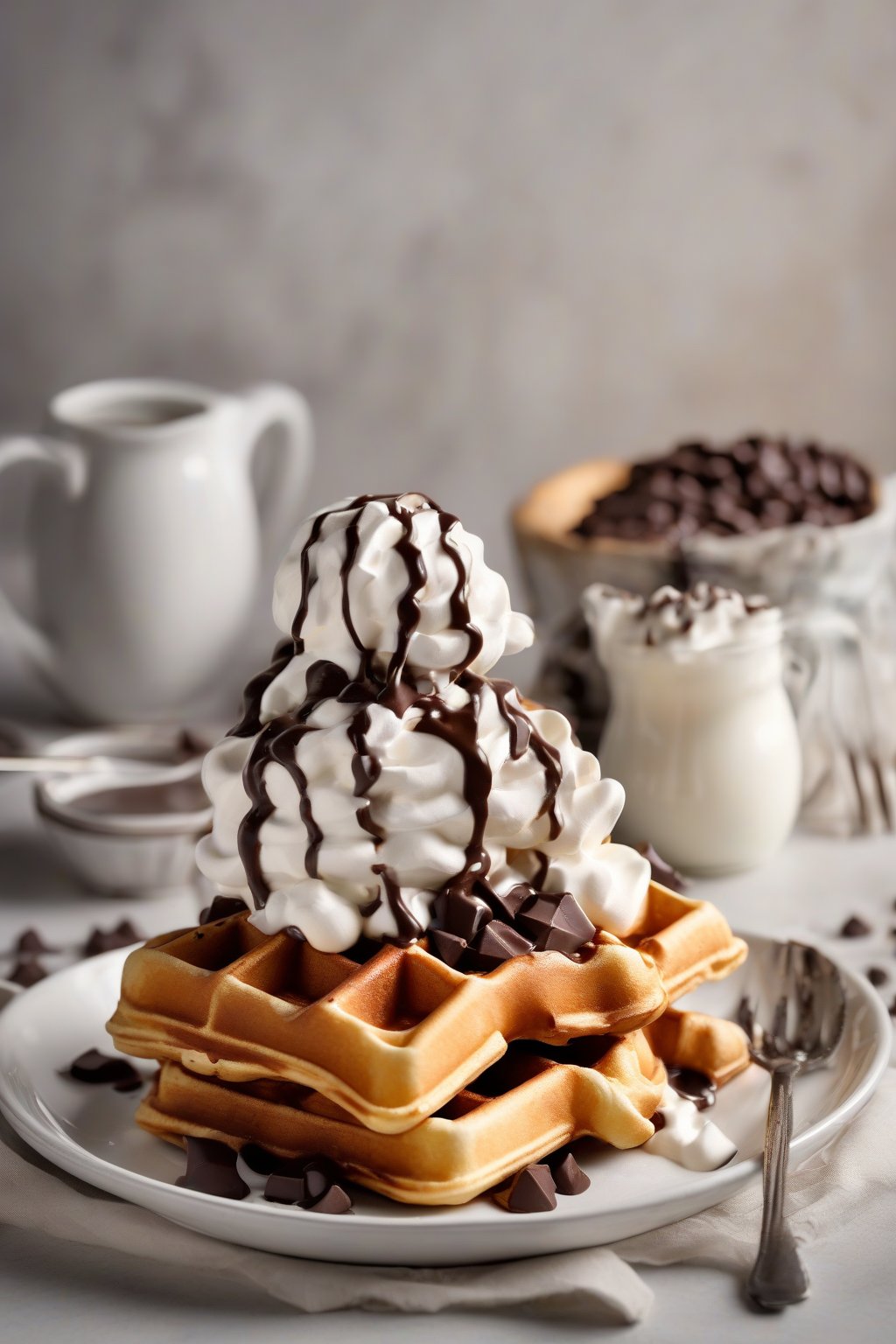 A high-resolution photo of thick Belgian waffles oozing melted chocolate chips, topped with whipped cream under soft lighting.