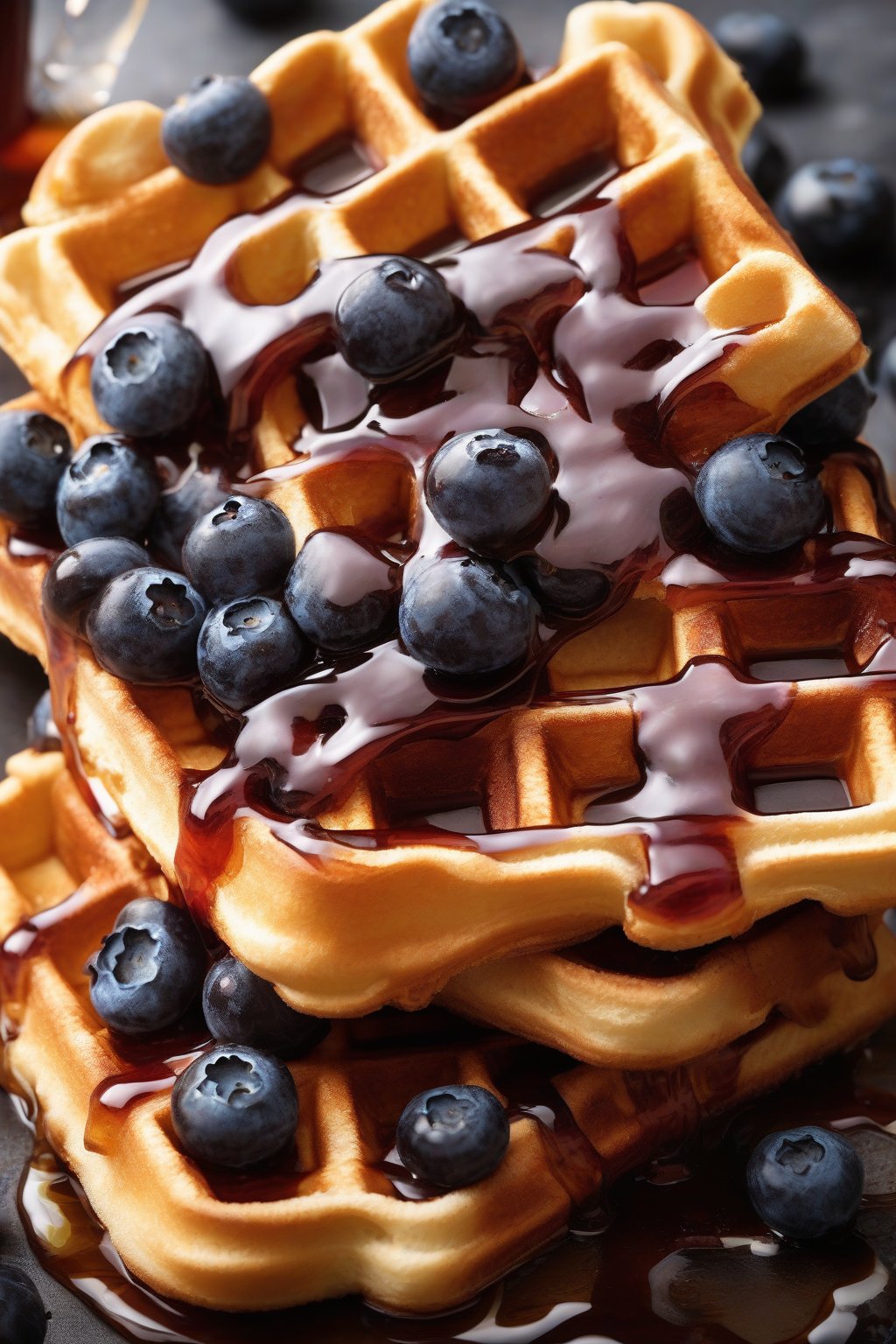 A high-resolution photo of thick Belgian waffles studded with bursting blueberries and drizzled with maple syrup under soft lighting.