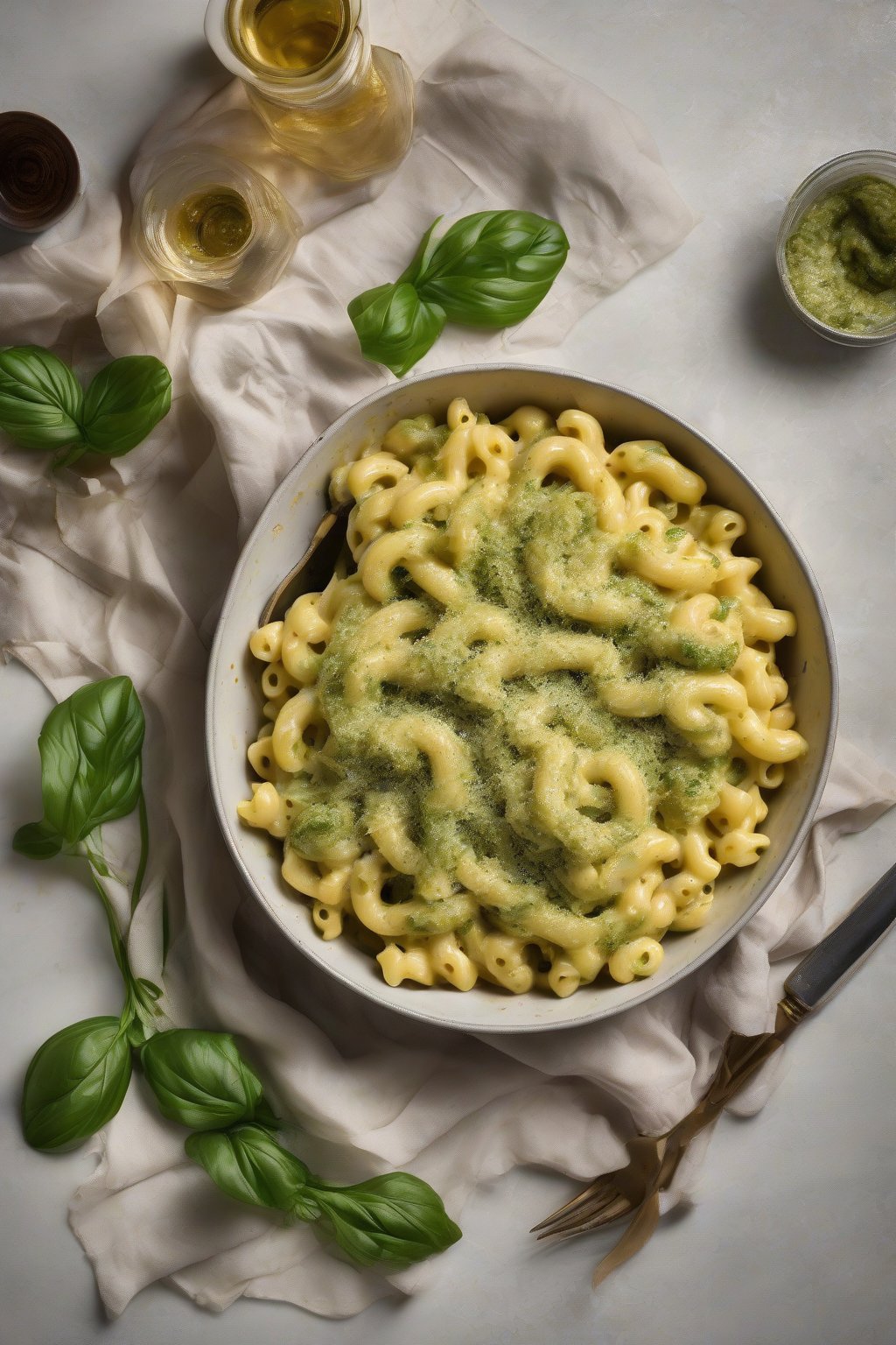 A high-resolution photo of pesto-swirled mac and cheese with green ribbons under soft lighting.