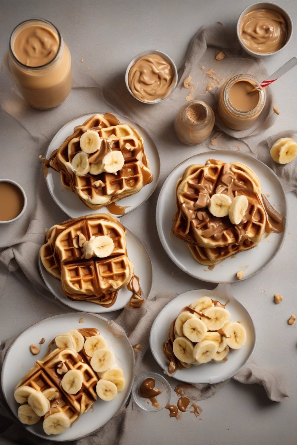 A high-resolution photo of thick Belgian waffles swirled with peanut butter, topped with banana slices under soft lighting.