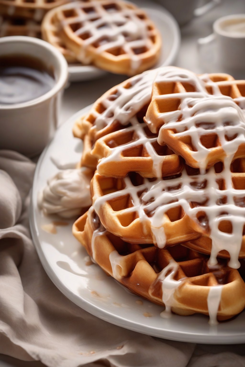A high-resolution photo of thick cinnamon roll-inspired Belgian waffles glazed with creamy icing under soft lighting.