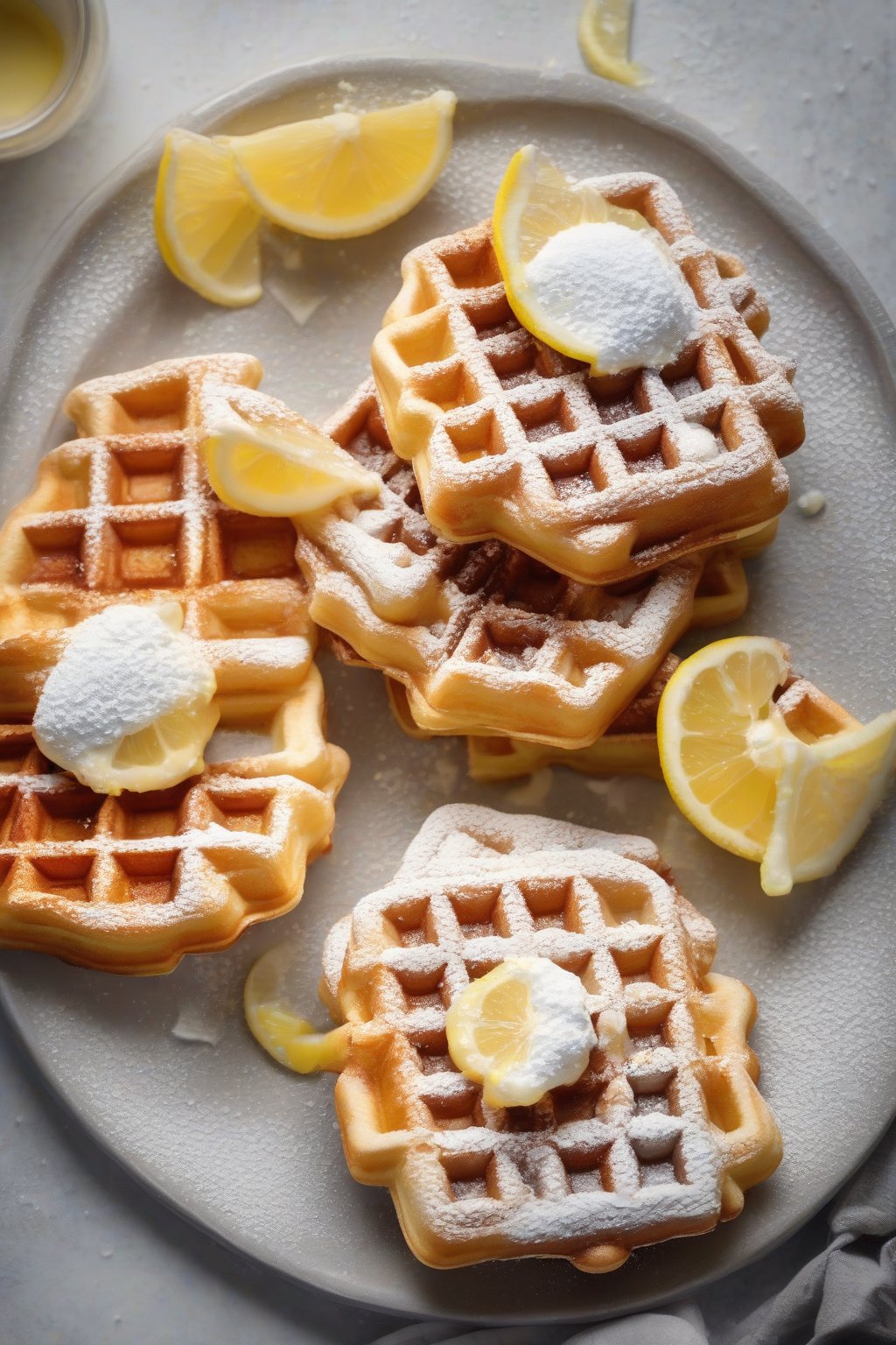 A high-resolution photo of thick lemon ricotta Belgian waffles dusted with powdered sugar and lemon slices under soft lighting.
