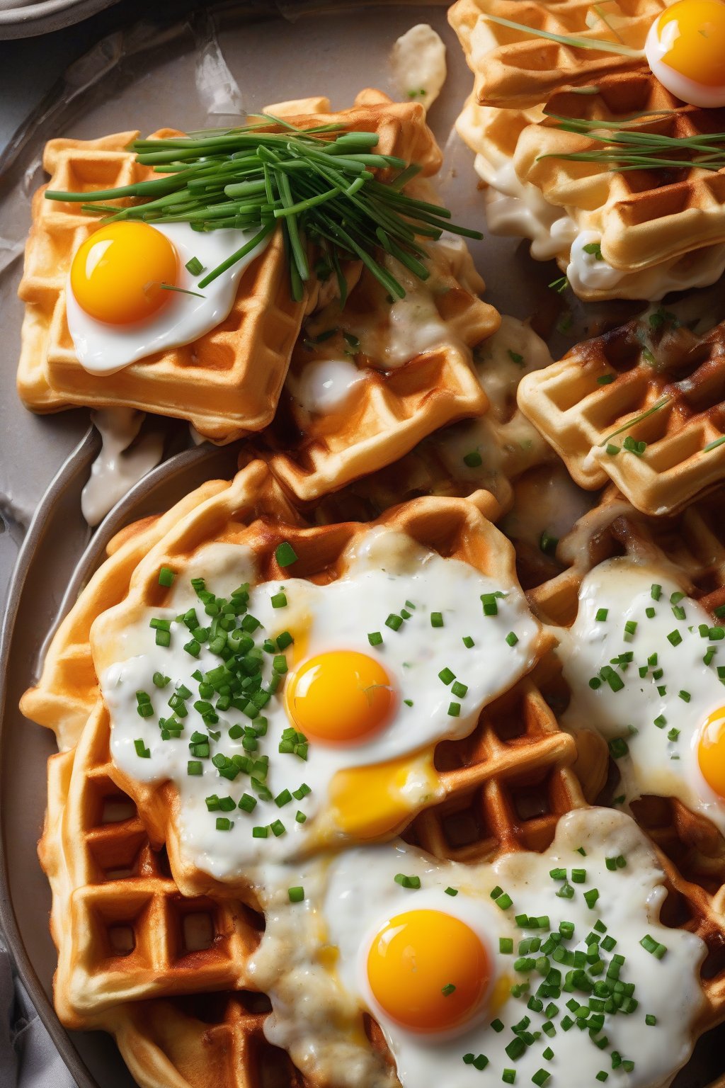 A high-resolution photo of thick cheesy Belgian waffles topped with chives and fried eggs under soft lighting.